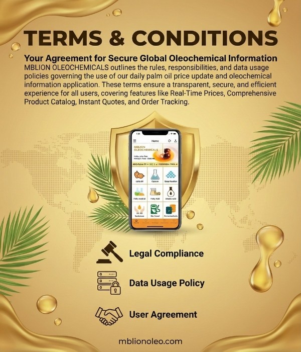 Terms and conditions for MBLion Oleochemicals platform covering user agreement data usage policy and legal compliance