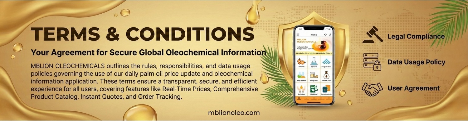 Terms and conditions for MBLion Oleochemicals platform covering user agreement data usage policy and legal compliance