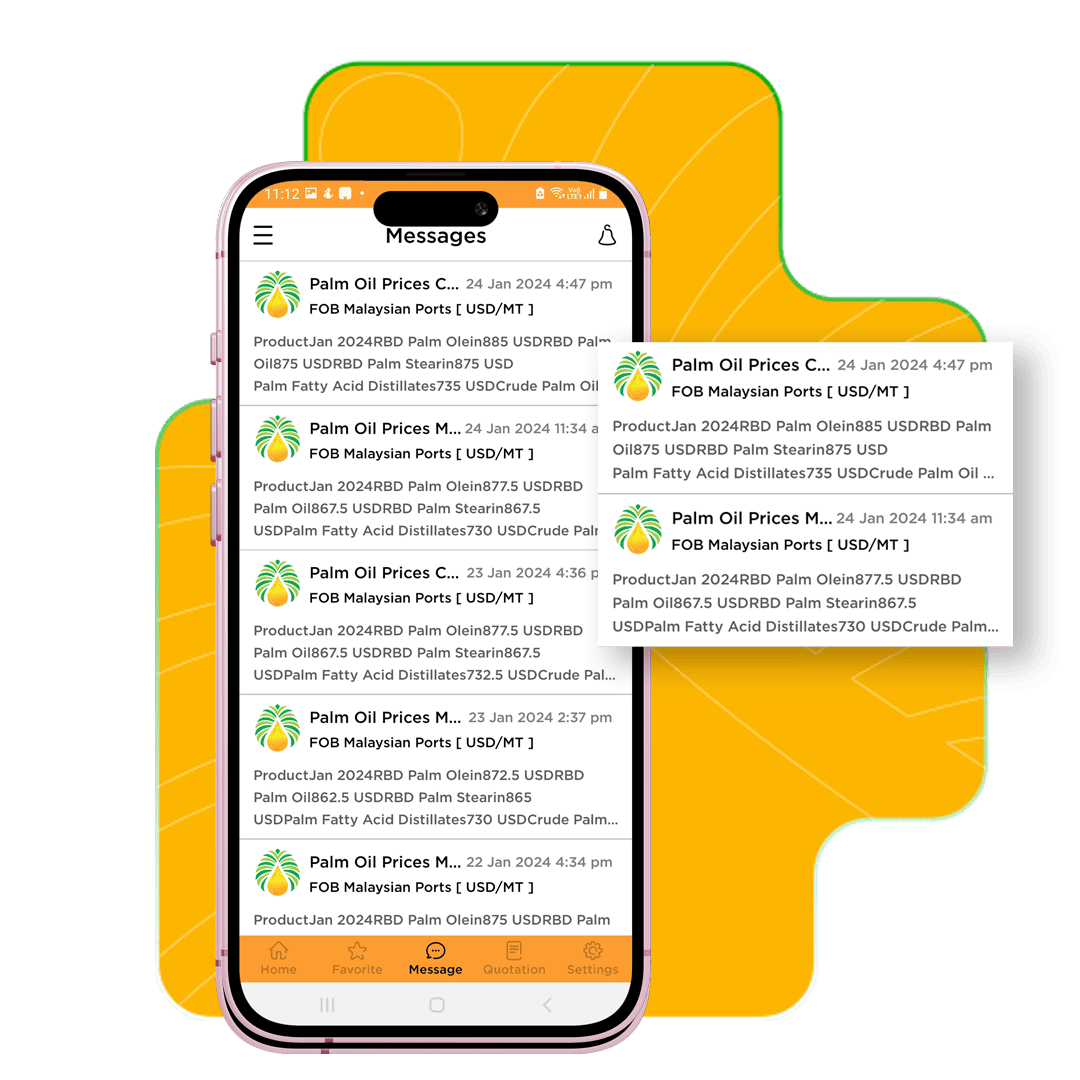 MBLion Oleo App message alerts showing daily palm oil price updates from Malaysian ports