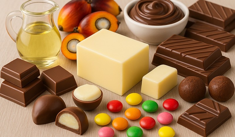Palm oil specialty fats in confectionery and chocolate applications by MBLion Oleochemicals Malaysia Indonesia providing gloss snap mouthfeel and stability similar to cocoa butter