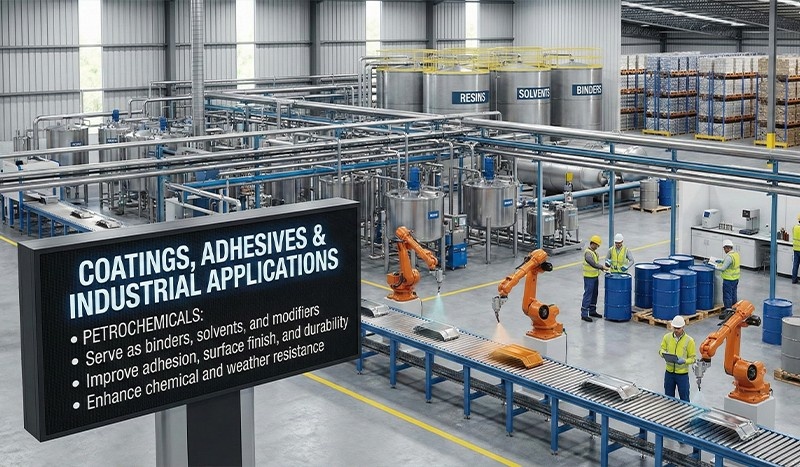 Petrochemicals in coatings adhesives and industrial applications by MBLion Oleochemicals Malaysia Indonesia used as binders solvents and modifiers improving adhesion durability and chemical resistance