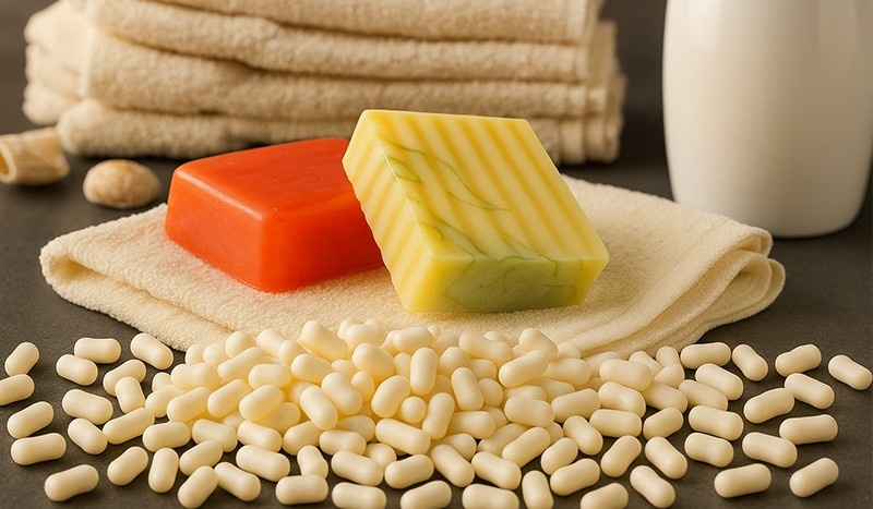 Soap noodles used in laundry and detergent soap manufacturing for strong cleansing oil and grease removal representing global soap noodles demand and price trends