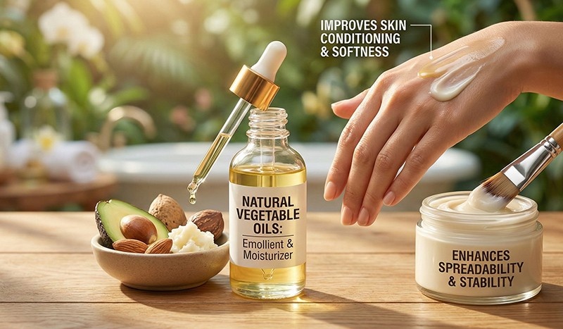 Vegetable oils in personal care and cosmetic formulations by MBLion Oleochemicals Malaysia Indonesia acting as natural emollients and moisturizers improving skin softness spreadability and stability
