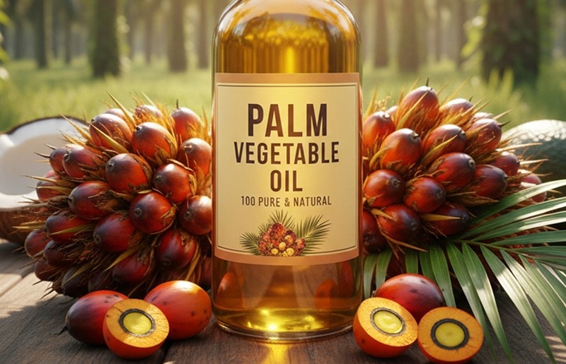 Vegetable oil bottle with oil palm fruits representing global edible vegetable oil price market and international edible oil trade
